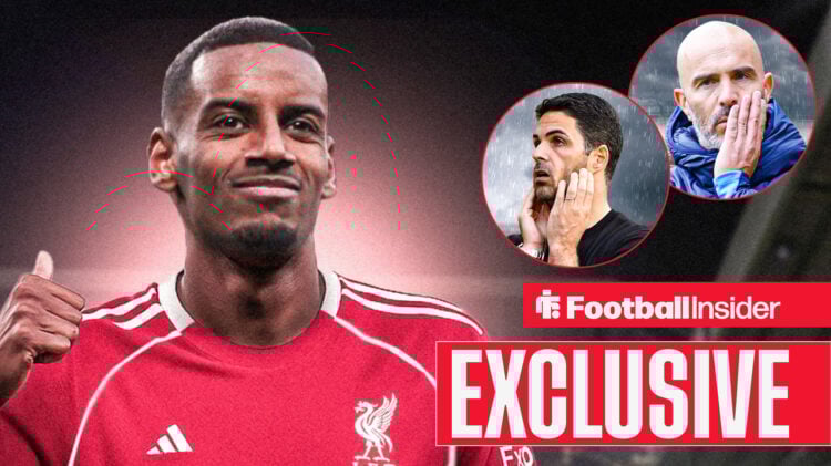 Alexander Isak celebrates in a Liverpool shirt, Mikel Arteta and Enzo Maresca look on in circular insets