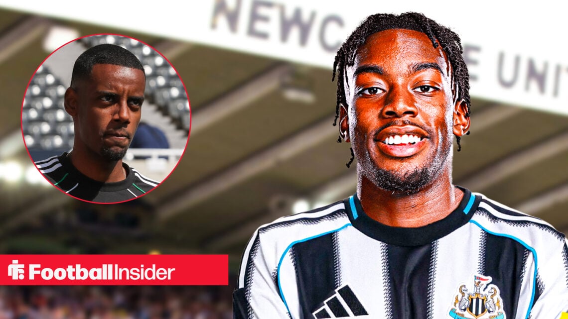 Anthony Elanga pictured in a Newcastle kit alongside teammate Alexander Isak.