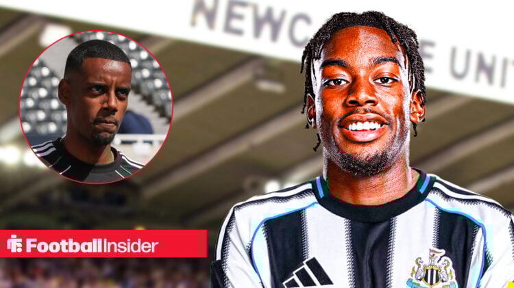 Anthony Elanga pictured in a Newcastle kit alongside teammate Alexander Isak.