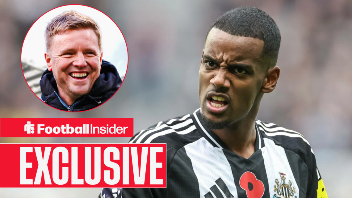 Alexander Isak in a Newcastle kit, Eddie Howe in a circular inset.