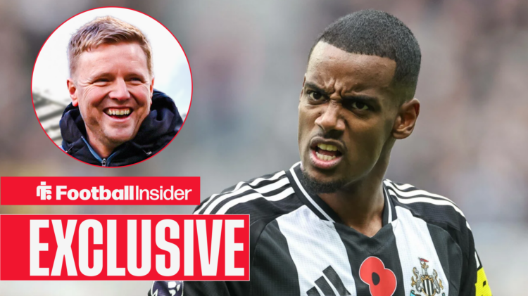 Alexander Isak in a Newcastle kit, Eddie Howe in a circular inset.
