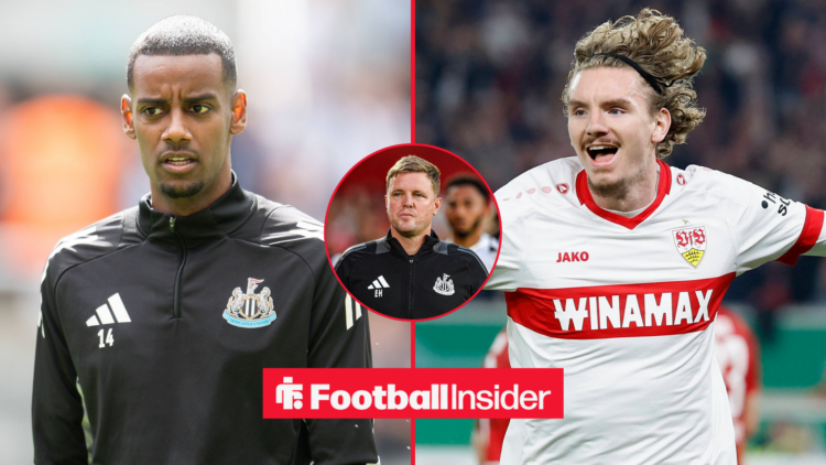 Alexander Isak before a Newcastle match and Nick Woltemade celebrating scoring for Stuttgart, either side of an image of Eddie Howe