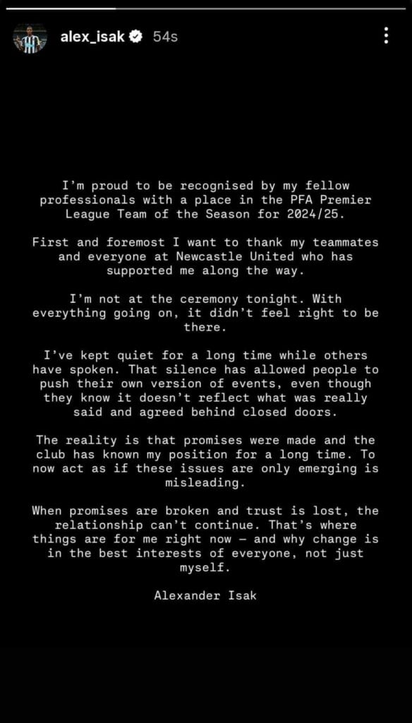 Alexander Isak instagram post discussing his future at Newcastle