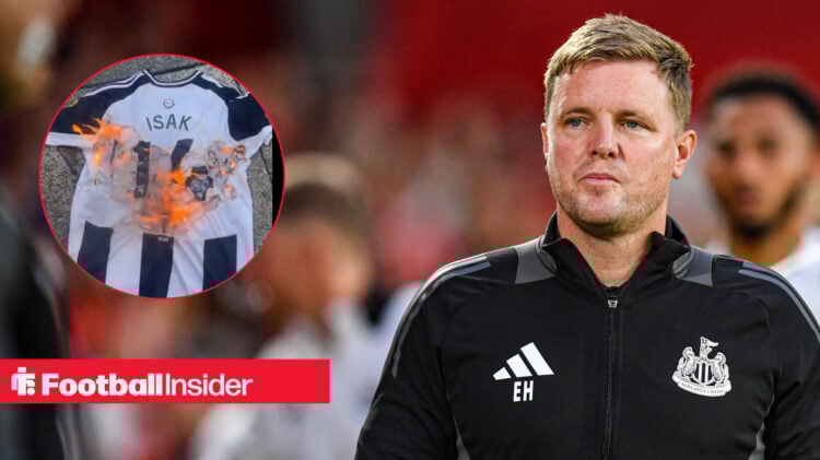 Newcastle manager Eddie Howe looks concerned, next to an image of a burning Alexander Isak shirt.