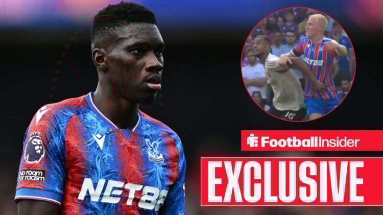Ismaila Sarr in a Crystal Palace shirt, Will Hughes and Cody Gakpo tussling
