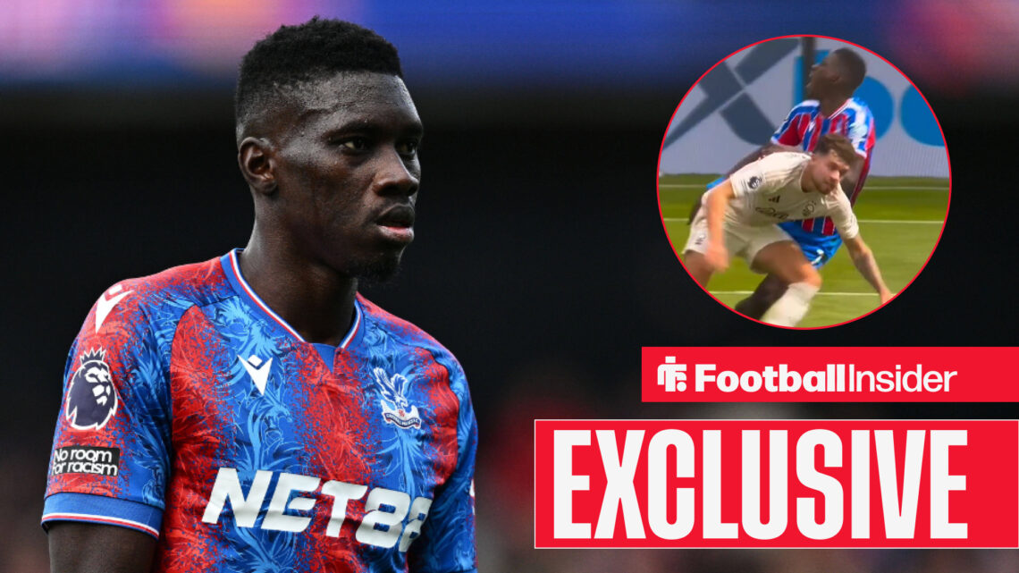 Ismaila Sarr in a Crystal Palace kit, foul from Neco Williams in a circular inset, exclusive banner