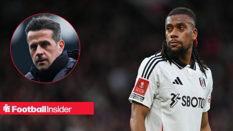 Fulham midfielder Alex Iwobi looks on during an FA Cup match alongside an image of his manager, Marco Silva.