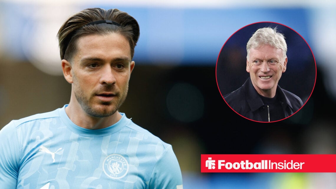 Manchester City winger Jack Grealish smiling during a warm-up, and Everton manager David Moyes also smiling.