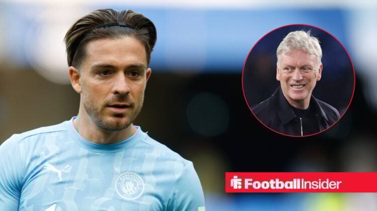 Manchester City winger Jack Grealish smiling during a warm-up, and Everton manager David Moyes also smiling.