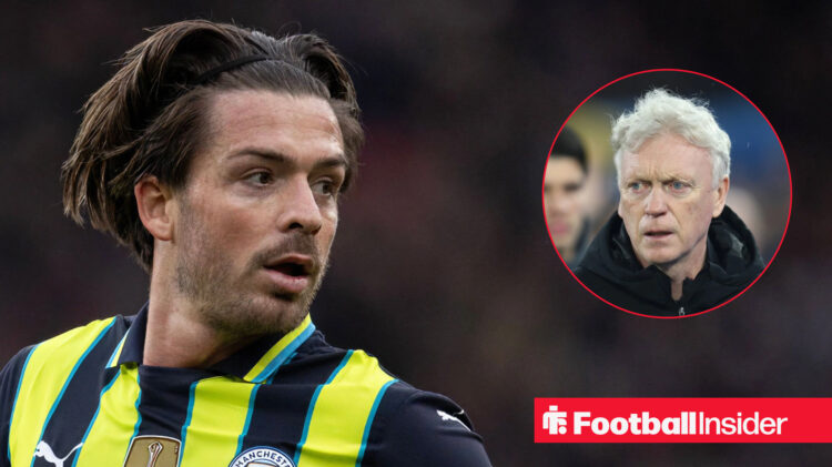 A photo of Manchester City star Jack Grealish alongside a headshot of Everton boss David Moyes