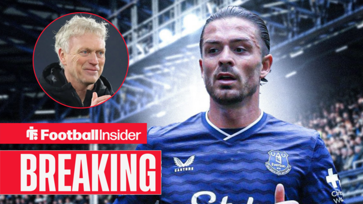 Jack Grealish in an Everton home shirt, with David Moyes pictured in a circular inset