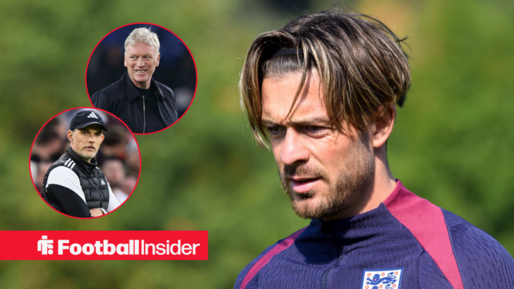 Jack Grealish in an England kit, David Moyes and Thomas Tuchel in circular insets