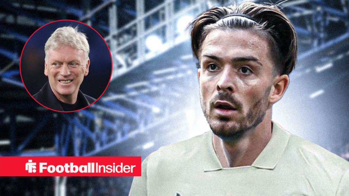 Jack Grealish in white Everton shirt with David Moyes inset