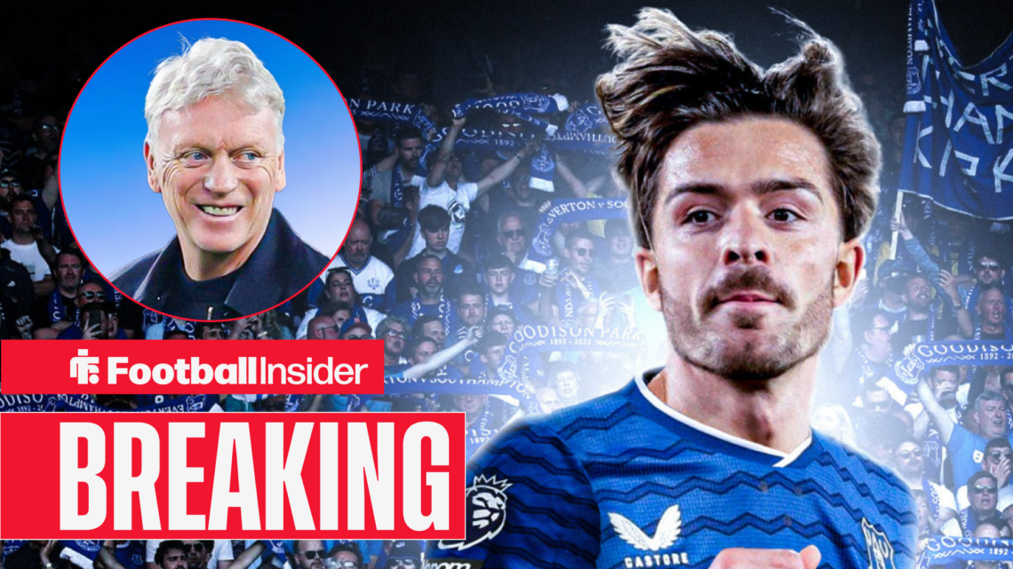 Jack Grealish in an Everton shirt celebrating and Everton manager David Moyes smiling at him