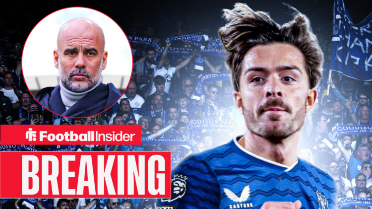 Jack Grealish in an Everton shirt celebrating and Man City manager Pep Guardiola looking on from the sidelines