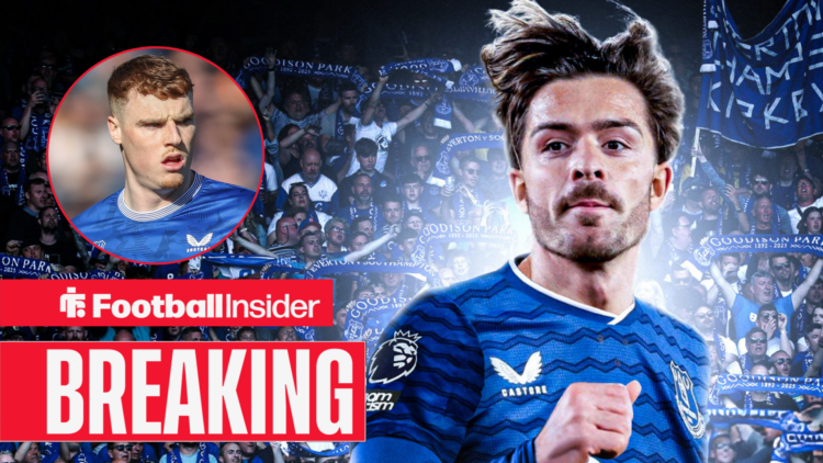 Jack Grealish in an Everton kit, Jake O'Brien in a circular inset