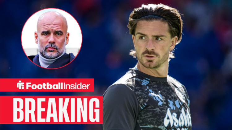 Jack Grealish warming up with Man City, Pep Guardiola pictured in a circular inset