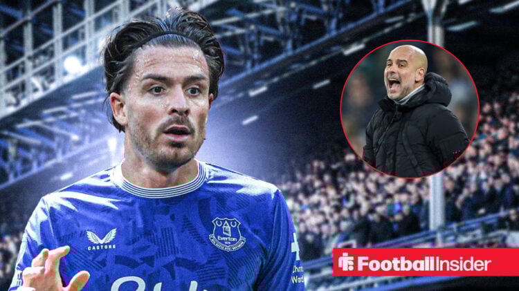 Man City boss Pep Guardiola and Jack Grealish in an Everton shirt