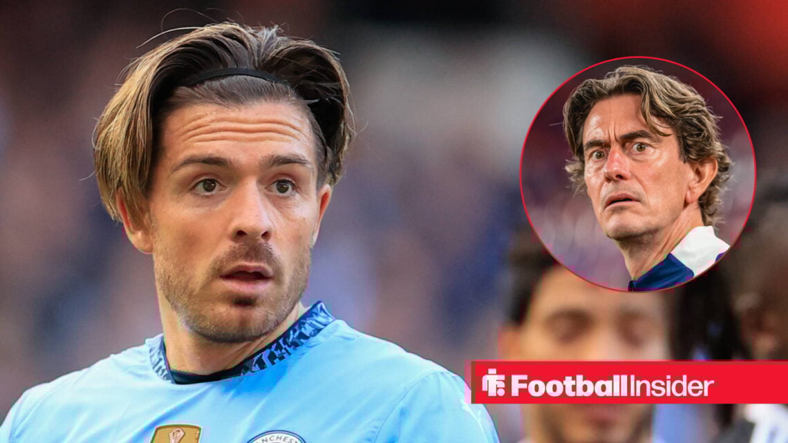 Man City's Jack Grealish and Thomas Frank of Tottenham both looking concerned.