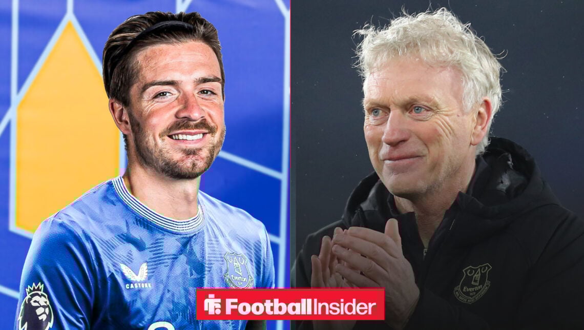 Jack Grealish in an Everton shirt on the left with David Moyes clapping on the right