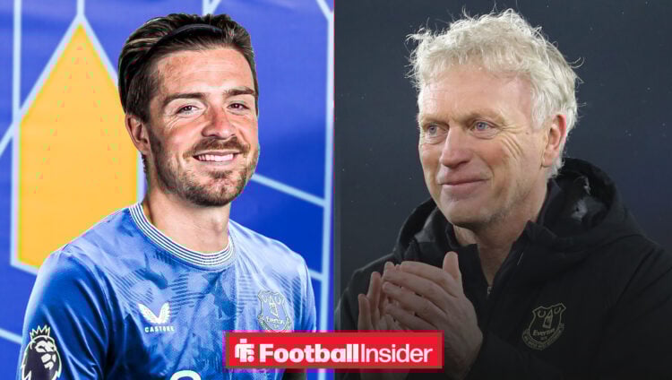 Jack Grealish in an Everton shirt on the left with David Moyes clapping on the right
