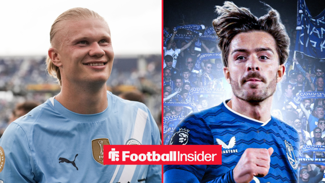 Erling Haaland smiling on the left in a Man City shirt with Jack Grealish on the right in Everton shirt