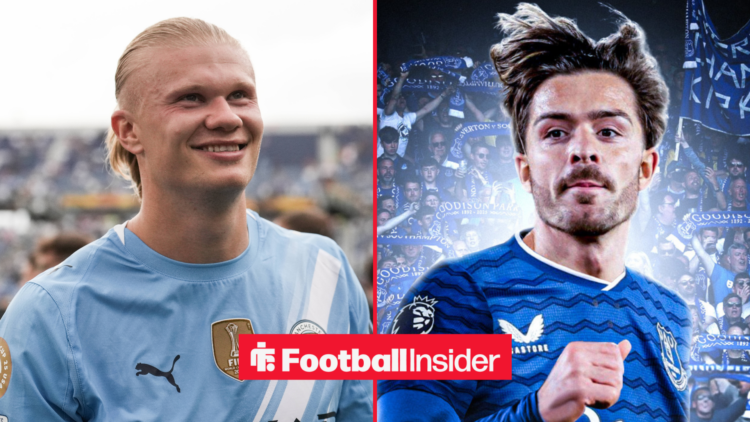 Erling Haaland smiling on the left in a Man City shirt with Jack Grealish on the right in Everton shirt