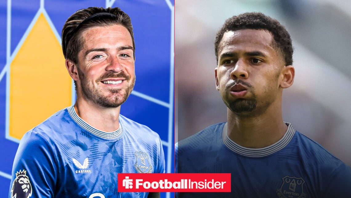 Jack Grealish and Everton shirt on the left hand side looking at Iliman Ndiaye on the right hand side who is puffing his cheeks out