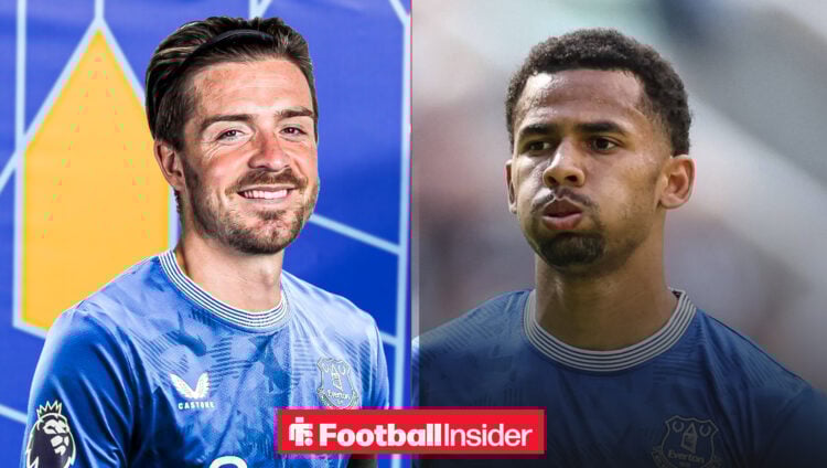 Jack Grealish and Everton shirt on the left hand side looking at Iliman Ndiaye on the right hand side who is puffing his cheeks out