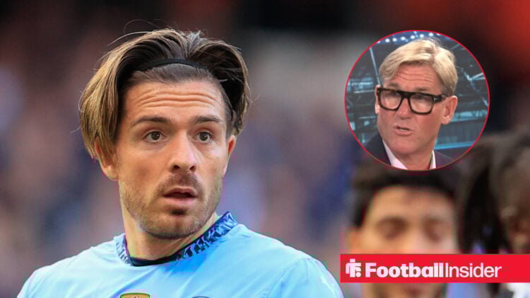 Jack Grealish on the left in Man City shirt looking at Simon Jordan wearing glasses on the right