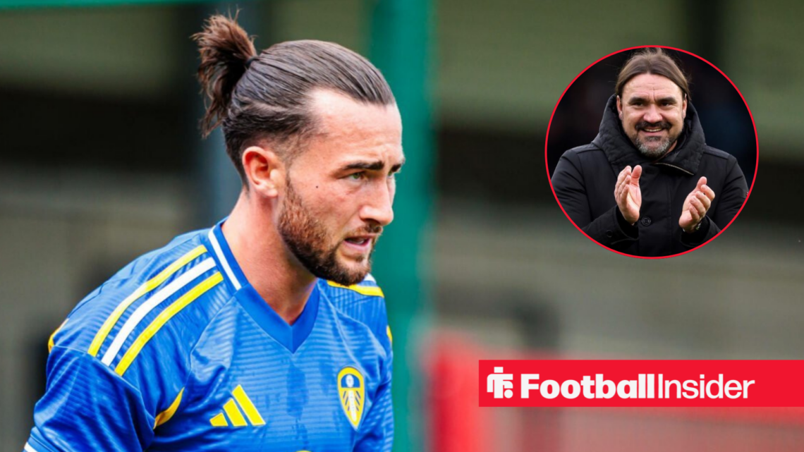 Jack Harrison pondering, Daniel Farke clapping in a circular inset