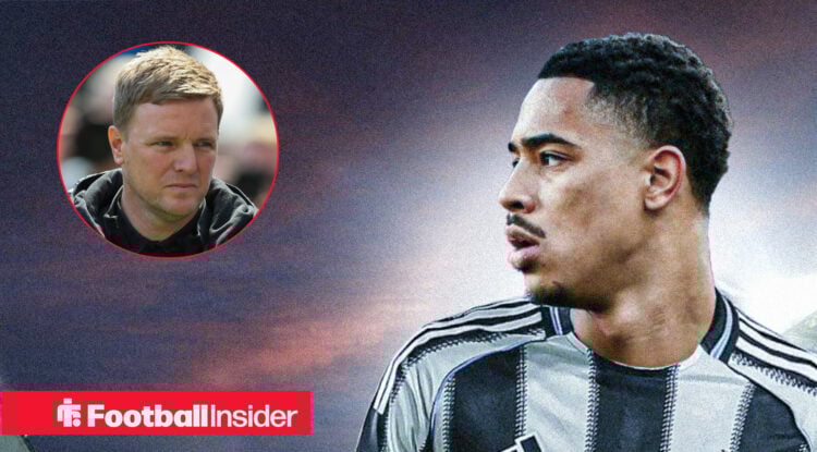 Midfielder Jacob Ramsey in a Newcastle shirt alongside Newcastle manager Eddie Howe