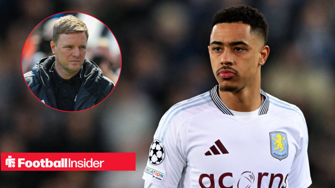 Aston Villa's Jacob Ramsey during a Champions League match, next to an image of Eddie Howe.