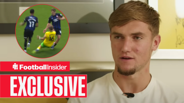 Jacob Wright speaking in an interview, circular inset of his foul, exclusive banner