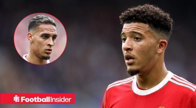 Jadon Sancho in a Man United shirt alongside Antony.