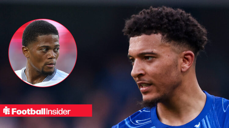 Jadon Sancho in action for Chelsea during the 2024/25 campaign, next to an image of Aston Villa winger Leon Bailey