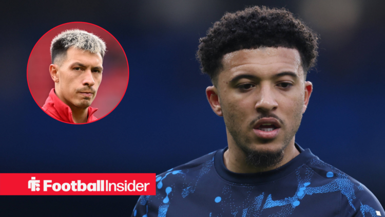 Man United's Jadon Sancho warming up looking down and forward with teammate Lisandro Martinez right inset looking his way and frowning
