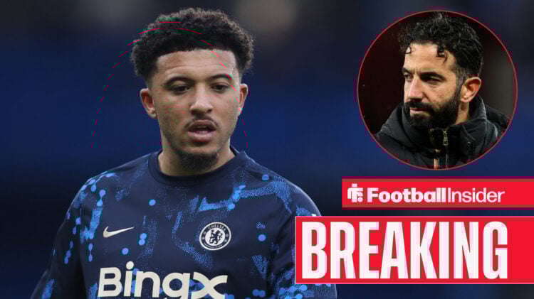 Jadon Sancho in the warm-up for Chelsea, with Ruben Amorim pictured in a circular inset