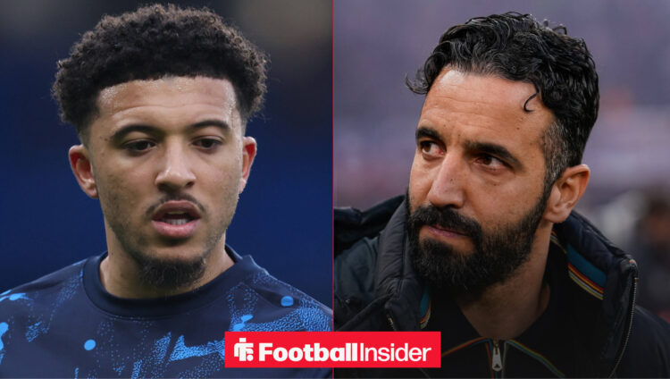 Jadon Sancho in a Chelsea training shirt alongside Ruben Amorim looking upset