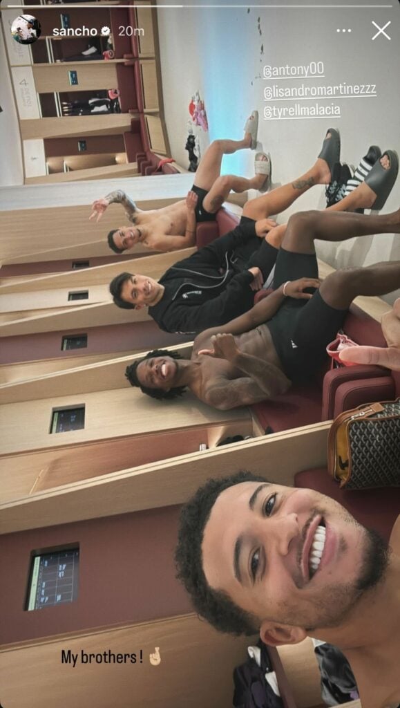 Jadon Sancho's Instagram story with Lisandro Martinez, Antony and Tyrell Malacia