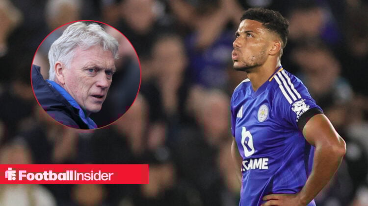 Leicester defender James Justin looks dejected, while Everton manager David Moyes looks concerned.