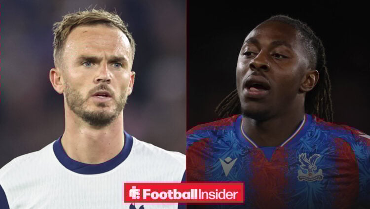 James Maddison on the left looking serious for Tottenham with Eberechi Eze on the right with his mouth open in a Crystal Palace shirt