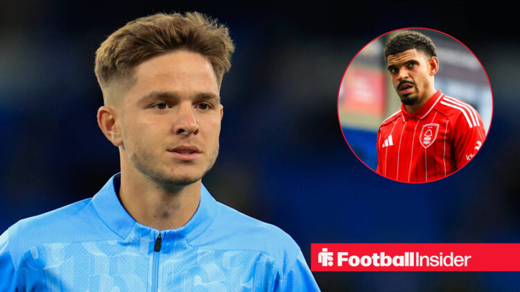 Man City's James McAtee, MOrgan Gibbs-White of Nottingham Forst