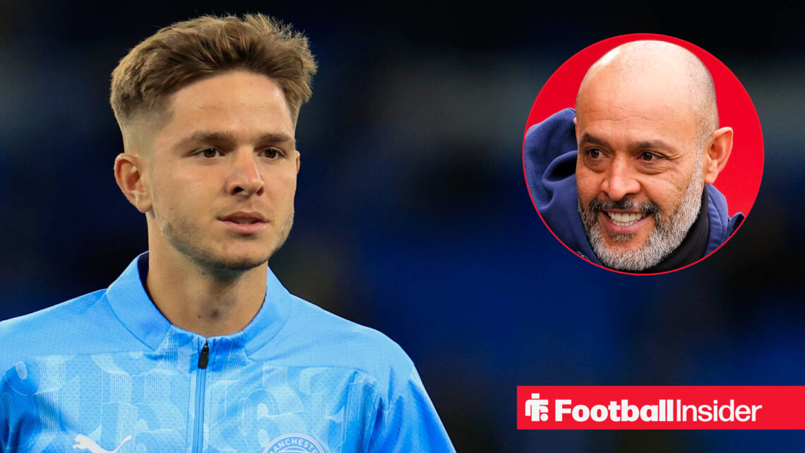 James McAtee warming up for Manchester City alongside a head shot of Nottingham Forest manager Nuno Espirito Santo.