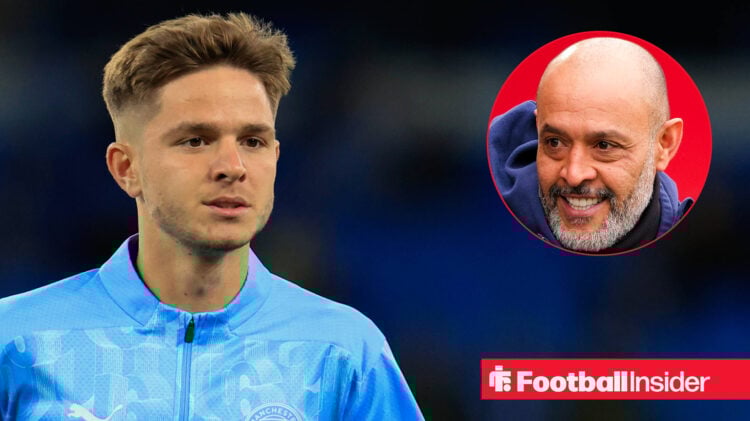 James McAtee warming up for Manchester City alongside a head shot of Nottingham Forest manager Nuno Espirito Santo.