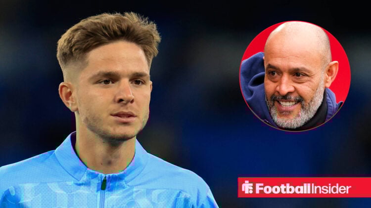 Manchester City's James McAtee warming up alongside a head shot of Nottingham Forest manager Nuno Espirito Santo