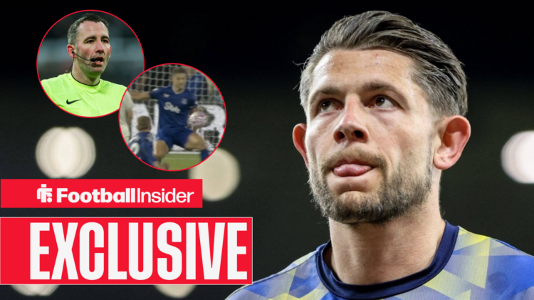 James Tarkowski in a blue and yellow top, Chris Kavanagh and Everton penalty incident in circular insets, with an Exclusive News banner