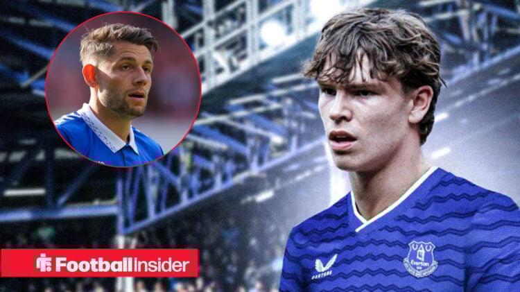 James Tarkowski in Everton home shirt in circle inset with Tyler Dibling