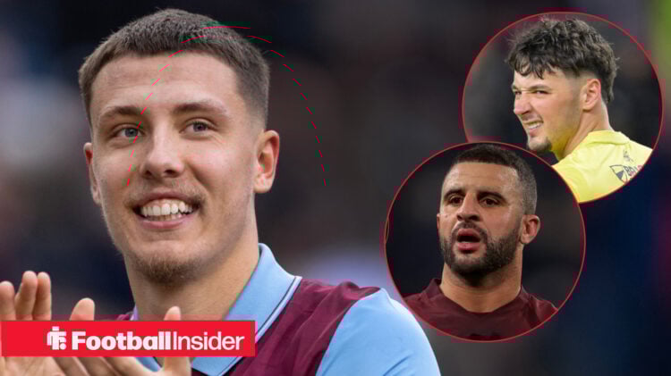 Maxime Esteve smiling in Burnley shirt alongside with Kyle Walker and James Trafford insets