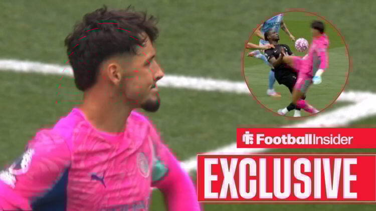 James Trafford looking frustrated, Man City goalkeeper's challenge in a circular inset